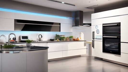 Create an image of a futuristic kitchen with cutting-edge gadgets and tools that aid in precision cooking. Include sleek and high-tech appliances such as a smart oven, precision scales, digital thermometers, and innovative measuring tools. The kitche