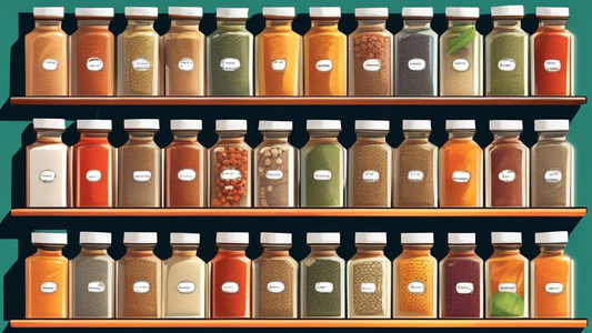 Create an image of a well-organized spice rack with an assortment of spices lined up alphabetically, showcasing a tidy kitchen with labels for each spice.