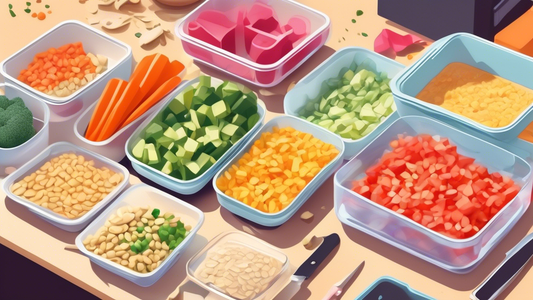 An image of a neatly organized kitchen counter with containers filled with freshly chopped vegetables, cooked grains, and lean proteins ready for meal prep. Alongside the containers are cutting boards, knives, measuring cups, and a meal prep planner 