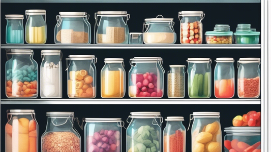 Create an image of a beautifully organized pantry showcasing 10 different stylish organization ideas such as labeled containers, wire baskets, pantry shelves with glass jars, chalkboard pantry doors, hanging storage solutions, color-coordinated shelv