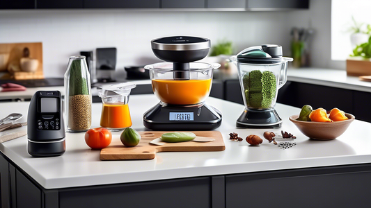 Create an image of a modern, sleek kitchen countertop filled with the top 10 multifunctional kitchen gadgets featured in the article, such as a multi-cooker, a smart oven, a digital food scale, a combination blender and food processor, a kitchen tool
