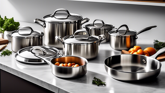 Create an image of a sleek and stylish stainless steel cookware set, featuring pots, pans, and lids of various sizes neatly arranged on a kitchen countertop. The cookware should look professional and high-quality, ready to inspire serious cooks to el