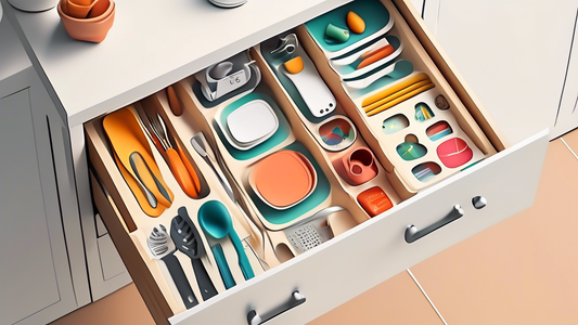 Create an image of a well-organized kitchen gadget drawer, showcasing various clever organization hacks such as drawer dividers, labeled containers, and vertical storage solutions. The image should feature a clutter-free space with all gadgets neatly