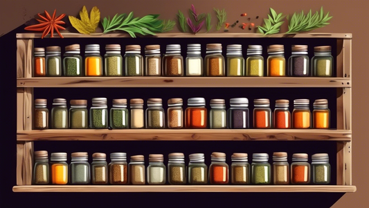 Create an image of a DIY spice rack made from recycled materials, like old jars, wood pallets, or tin cans. Show a variety of spices and herbs neatly organized on the rack, with a rustic and eco-friendly design.