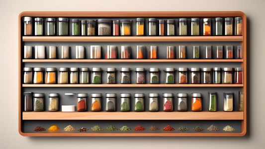 Create an image of a stylish and organized magnetic spice rack displaying a variety of spices and herbs neatly organized in sleek containers. The image should showcase the convenience and aesthetic appeal of using magnetic spice rack organizers in th