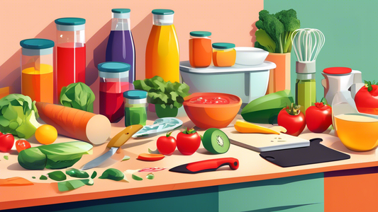 Create an image of a kitchen countertop filled with essential meal prep tools, such as a cutting board, chef's knife, measuring cups, food storage containers, mixing bowls, and a blender. Include ingredients like fresh fruits and vegetables to showca