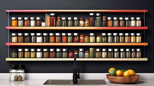 Create an image of a modern kitchen showcasing a sleek magnetic spice rack filled with various spice jars neatly lined up on the wall, beautifully organized and easily accessible for cooking.