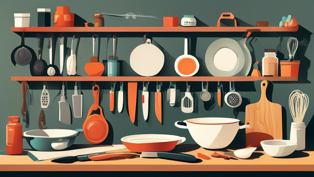 An image of a well-organized kitchen with essential tools and utensils neatly arranged on a countertop, including a chef's knife, cutting board, whisk, measuring cups, and a skillet. The scene should exude a sense of organization, cleanliness, and re