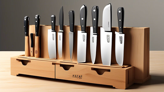 Create an image showing three different knife storage solutions specifically designed for Asian cooking knives. Each solution should be unique and practical, showcasing a traditional Japanese knife block, a magnetic knife strip, and a compact drawer 