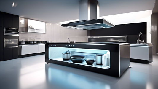 Create an image of a futuristic kitchen with sleek, high-tech gadgets that are designed to streamline cooking processes and enhance the culinary experience. Include gadgets such as a smart fridge, a voice-controlled oven, a touch-screen stovetop, and