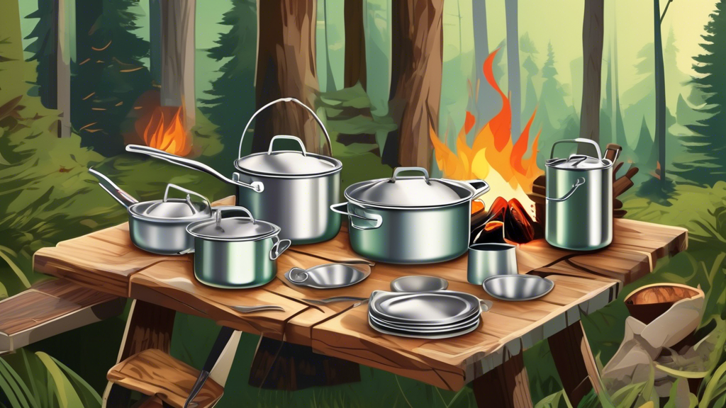 Create an image of a stainless steel camping cookware set arranged neatly on a wooden camping table in a lush forest setting. The cookware should include pots, pans, plates, cups, and utensils, showcasing durability and quality. The background should