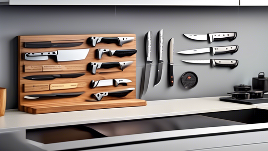 Create an image of a sleek and organized knife storage system that showcases different safe and practical ways to store knives in a kitchen setting. Implement creative solutions such as magnetic knife strips, knife blocks, drawer organizers, and knif