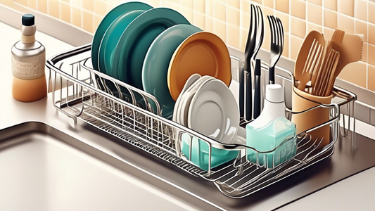 Create an image showing a modern kitchen with a durable stainless steel dish rack neatly organized with various dishes and utensils. Include elements like a bottle of dish soap, scrubbing brush, and cleaning cloth to convey the theme of Durable Stain