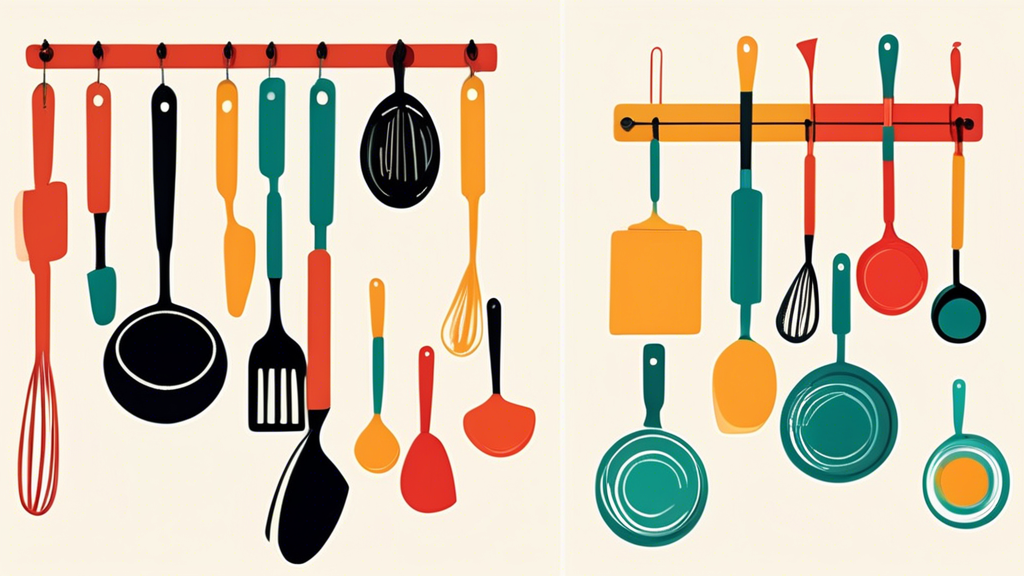 Create an image showing unique and creative ways to store kitchen utensils in a small kitchen space. Include options such as magnetic racks, hanging baskets, drawer dividers, and other space-saving solutions to inspire organization and efficiency.