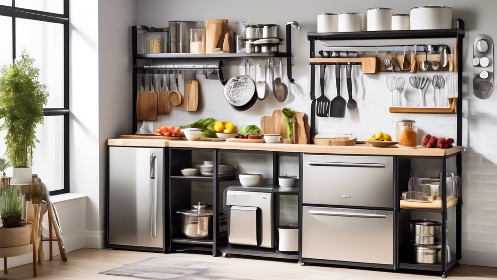 Show a modern kitchen with a spacious stainless steel kitchen cart in the center of the room, neatly organized with various kitchen tools, gadgets, and appliances. The cart should showcase the ultimate storage solution for a well-equipped kitchen, wi