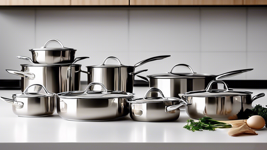 Create an image of a modern, sleek stainless steel cookware set displayed in a contemporary kitchen setting. The cookware should consist of pots, pans, and utensils neatly arranged and ready for use. The kitchen should be well-lit and inviting, with 