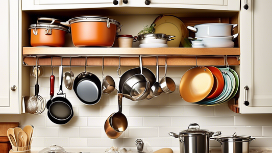 Create an image of a kitchen cabinet filled with cluttered pots, pans, and utensils overflowing onto the counter. Show five innovative space-saving kitchen gadgets in action, such as a hanging pot rack, stackable shelves, magnetic knife strips, corne