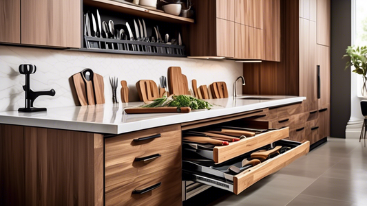 Create an image of a sleek and organized kitchen space showcasing a variety of innovative knife storage solutions for chefs. Include different options such as magnetic wall strips, in-drawer organizers, countertop knife blocks, and knife rolls to ins