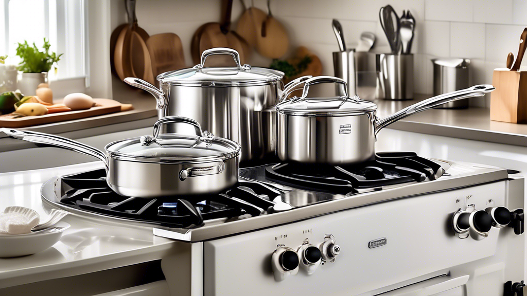 Create an image of a well-maintained stainless steel cookware set sparkling under a soft kitchen lighting, showcasing the beauty and shine of properly cared for pots and pans. Include elements like a clean stovetop, a pristine kitchen towel, and a be