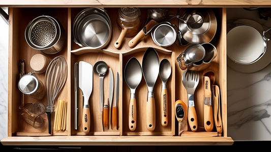 Create an image of a well-organized kitchen drawer or utensil holder filled with an assortment of must-have kitchen utensils for home chefs, such as a chef's knife, cutting board, wooden spoons, whisk, spatula, tongs, and measuring cups. Each utensil