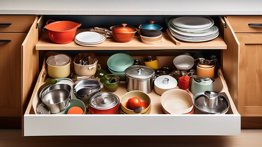 Create an image of a kitchen cabinet filled with various items such as pots, pans, utensils, and ingredients organized neatly on pull-out shelf organizers. Show how such organizers can maximize space, improve accessibility, and enhance the overall fu