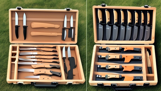 Create an image of a neatly organized outdoor cooking knives storage case. The case should be shown closed, featuring compartments for various types and sizes of knives, with secure clasps to protect them during transport or storage. Include differen