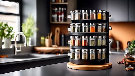 Create an image of a modern kitchen countertop with a sleek and organized rotating spice rack holding various spices and herbs in neatly arranged containers. The spice rack should be visually appealing and practical, showcasing different compartments