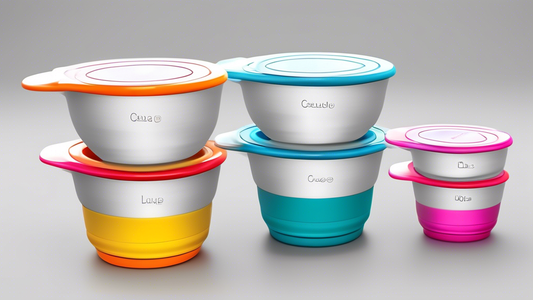 Create an image of a set of compact, collapsible measuring cups designed for small kitchens. The measuring cups should be shown neatly stacked on top of each other, showcasing their collapsible feature. The background should have a kitchen setting wi