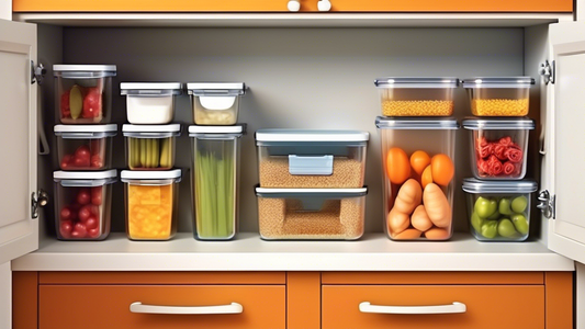 Create an image of a small, compact kitchen with limited counter space. Show a set of top stackable food storage containers neatly organized to maximize storage efficiency. The containers should be transparent, showcasing a variety of ingredients ins