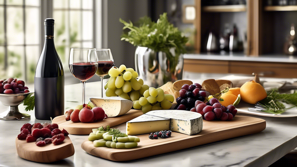 Produce an image of a stylish kitchen setting with essential accessories for entertaining at home, including a chic cheese board with assorted cheeses and fruits, elegant wine glasses, a decorative serving platter with appetizers, and a sleek cocktai