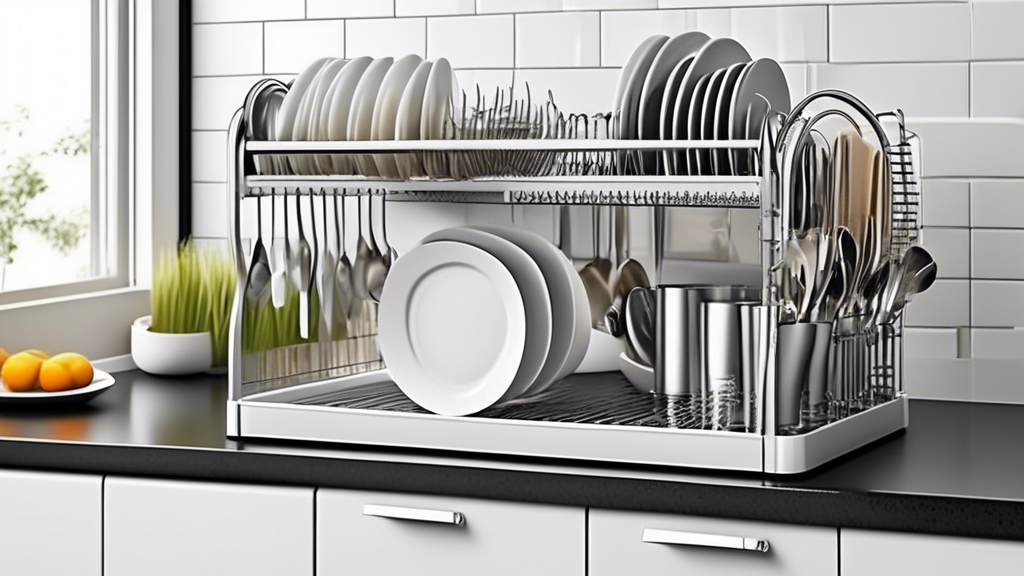 Create an image of a modern kitchen with limited counter space, featuring a sleek and compact stainless steel dish rack neatly organizing a variety of dishes, utensils, and cups. The dish rack should showcase its practical design, highlighting its ef