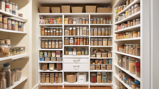 Create an image of a well-organized pantry with shelves filled with neatly arranged cans, jars, boxes, and baskets of various sizes. Show optimized storage solutions such as labeled containers, rotating shelves, hanging racks, and over-the-door organ