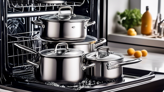 Create an image of a sleek and modern stainless steel cookware set in a dishwasher, surrounded by bubbles and water jets, showcasing its durability and dishwasher-safe features. The image should convey a sense of convenience and ease of cleaning for 