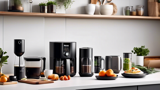 Create an image showcasing a sleek and modern kitchen with the top 10 multifunctional kitchen gadgets neatly arranged on the countertop. The gadgets should include a smart coffee maker, a versatile air fryer, a compact food processor, a high-tech ble