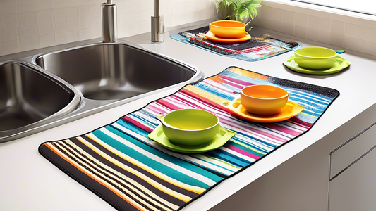 Create an image of five different roll-up dish drying mats that are ideal for RVs, showcasing their compact and space-saving designs, highlighting their functionality and versatility for small living spaces.