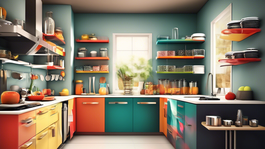 Create an image of a modern kitchen with spacious countertops, where convenient expandable racks are neatly installed to organize utensils, spices, and cooking appliances. Show the racks in use, effortlessly accommodating various kitchen items for ea