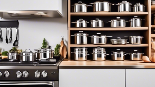 Create an image of a perfectly organized kitchen with stackable stainless steel cookware sets neatly arranged on a countertop or inside a cabinet. The cookware should be gleaming and well-organized, showcasing the efficiency and practicality of using