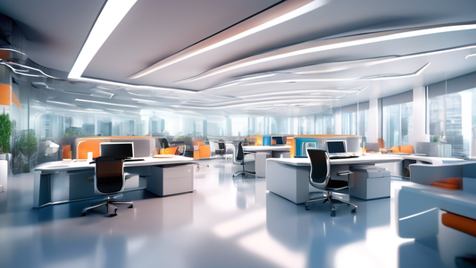 Create an image of a futuristic and efficient office space that demonstrates innovative and effective organizational solutions. Show an office environment with advanced technology, optimized layout, and ergonomic design to enhance productivity and co