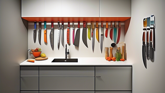 Create an image of a small, compact kitchen with limited counter space, featuring a stylish magnetic knife holder mounted on the wall. The knife holder should be sleek and modern, showcasing various knives securely attached to it. The overall aesthet