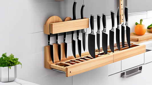 Please generate an image of a modern kitchen with various innovative knife storage solutions implemented, showcasing different creative ways for home cooks to store and organize their knives efficiently. The image should feature a combination of magn