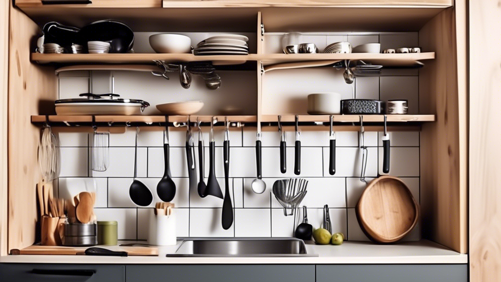 Create an image of a small kitchen with clever and innovative utensil storage solutions. Show various creative ways to store utensils such as hanging racks, magnetic strips, drawer dividers, and compact organizers to maximize space and keep the kitch