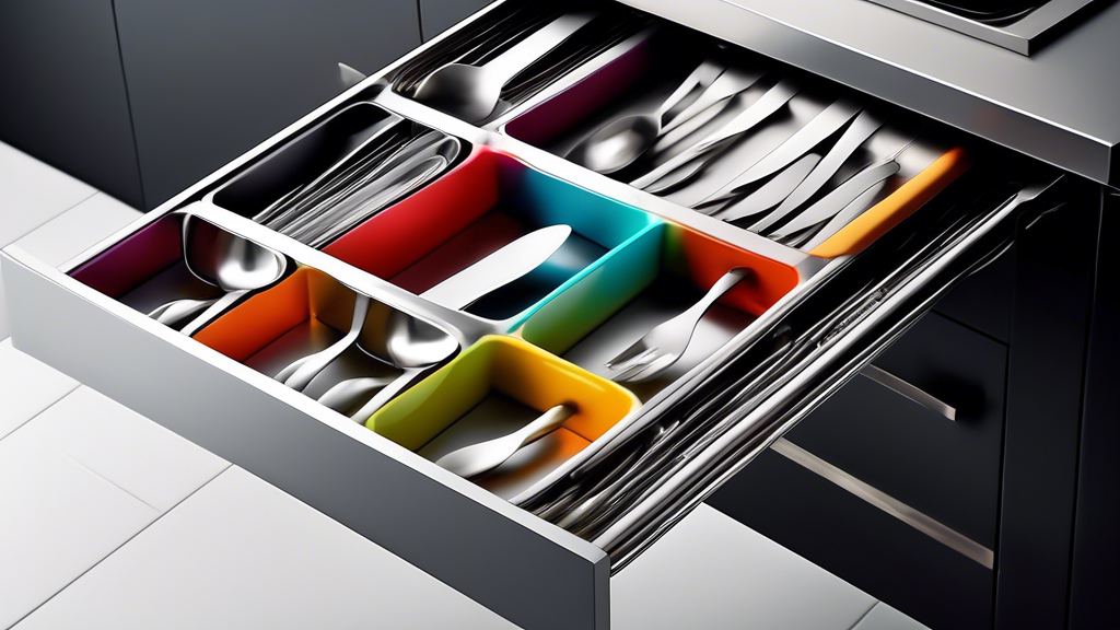 Create an image of a modern kitchen drawer with seven sleek and stylish stainless steel cutlery trays neatly organized inside, showcasing a variety of shapes and sizes to highlight the top 7 choices for kitchen organization.