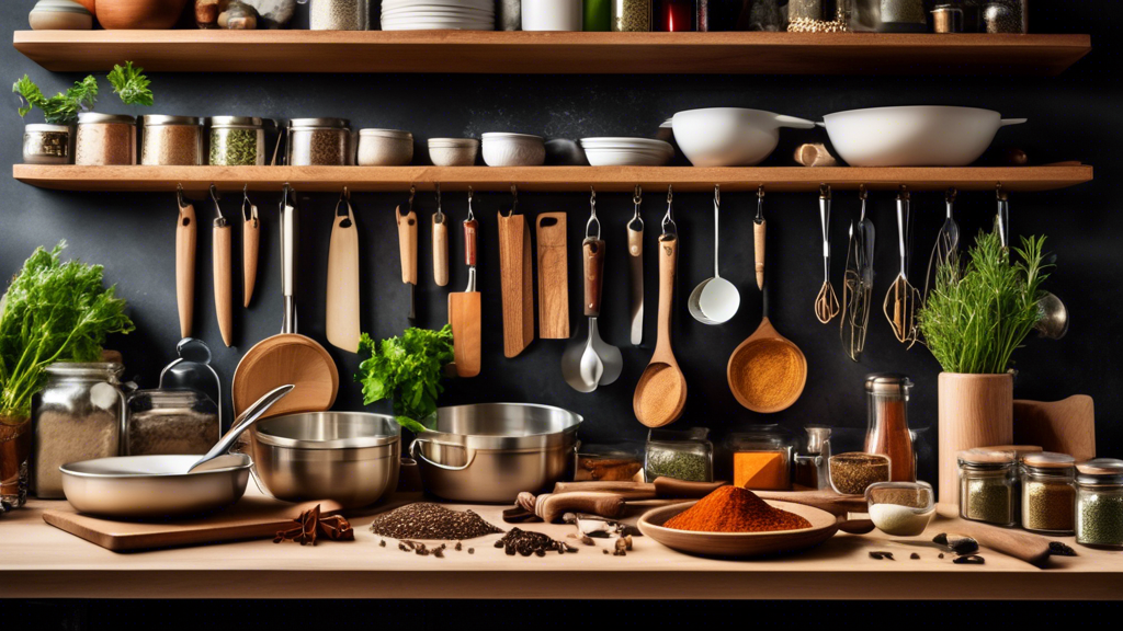 Create an image of a beautifully organized kitchen showcasing essential culinary tools for creativity, including a high-quality chef's knife, cutting board, mixing bowls, measuring cups, whisk, wooden spoon, and various spices and herbs neatly displa