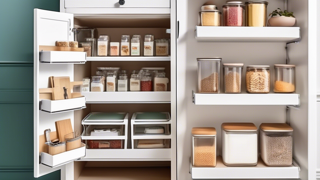 Create an image of a small kitchen pantry with clever space-saving solutions such as pull-out shelves, hanging baskets, and stackable containers to maximize storage efficiency. Include labels on the containers and shelves for organization.