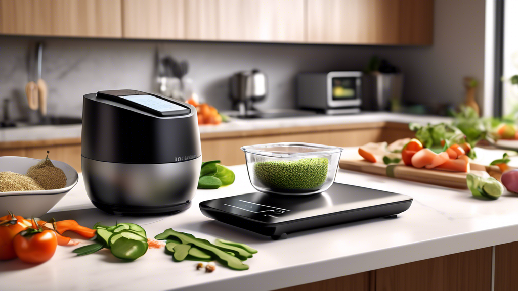 Create an image of a modern, organized kitchen filled with innovative gadgets that assist in preparing easy and healthy meals. Show a sleek blender, multi-functional air fryer, smart kitchen scale, versatile spiralizer, and other useful tools neatly 