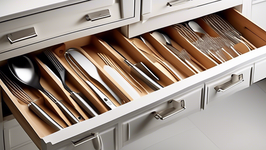 Please generate an image of a kitchen drawer with compartments specifically designed to hold various utensils such as spatulas, ladles, whisks, and knives in an organized and tidy manner. Each compartment should be tailored to fit a specific utensil 