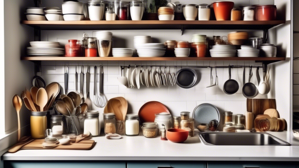 Create an image of a cluttered kitchen with dishes piled high, scattered utensils, overflowing drawers, and cluttered countertops. Show five easy steps visually represented to declutter the kitchen, such as organizing the pantry, decluttering counter