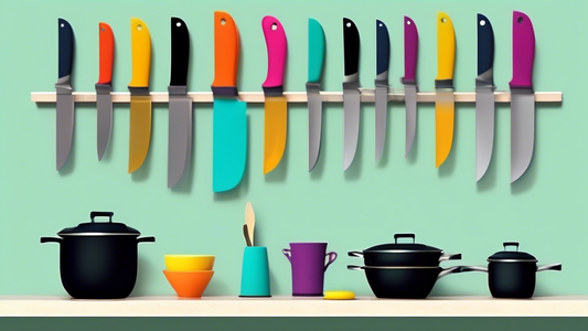 Create an image of a small kitchen with limited counter space, featuring a variety of top magnetic knife holders displayed in an organized and stylish manner. The image should showcase how these holders can efficiently store knives while maximizing s