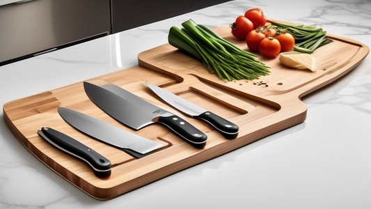 Create an image of a modern, sleek kitchen cutting board with a clever space-saving storage feature. The cutting board should be stylish and functional, designed to optimize kitchen counter space. The storage feature could include compartments for st