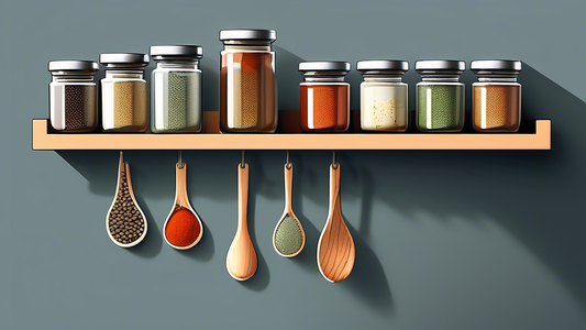 Create an image of a stylish and functional spice rack displayed on open kitchen shelving. The spice rack should showcase various innovative storage solutions such as hanging jars on hooks, incorporating magnetic strips for containers, and using tier